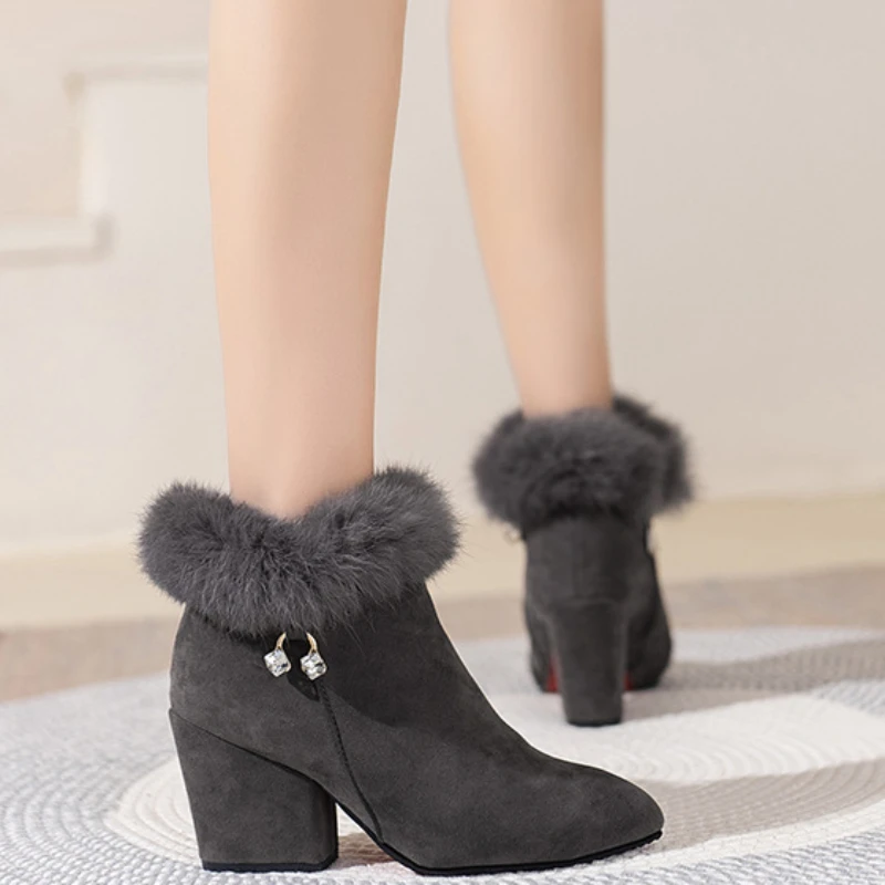 Women High Heels Shoes Platform Fur Crystal Tassels Chelsea Ankle Boots Winter 2024 New Trend Warm Short Cotton Goth Snow Boots