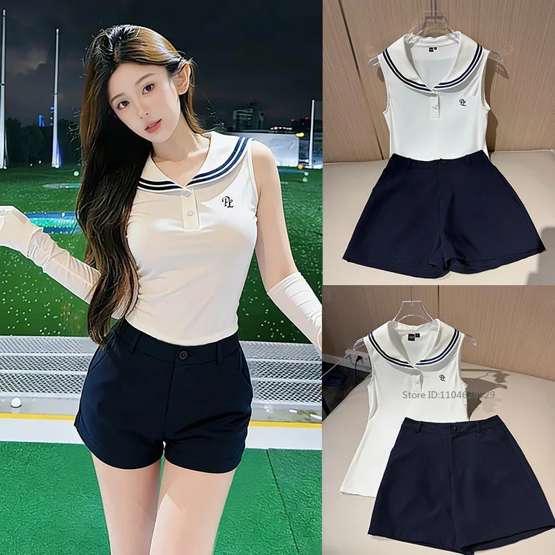 

Новая женская одежда для гольфа и тенниса: безрукавная футболка-поло, шорты с высокой талией, дышащая прохладная рубашка для гольфа, облегающие шорты.