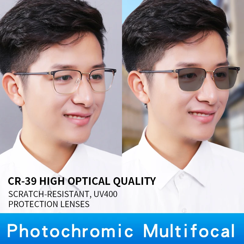 Photochromic Multifocal Progressive presbyopic reading glasses full metal frame no line  readers for men Tinted Eyeglasses