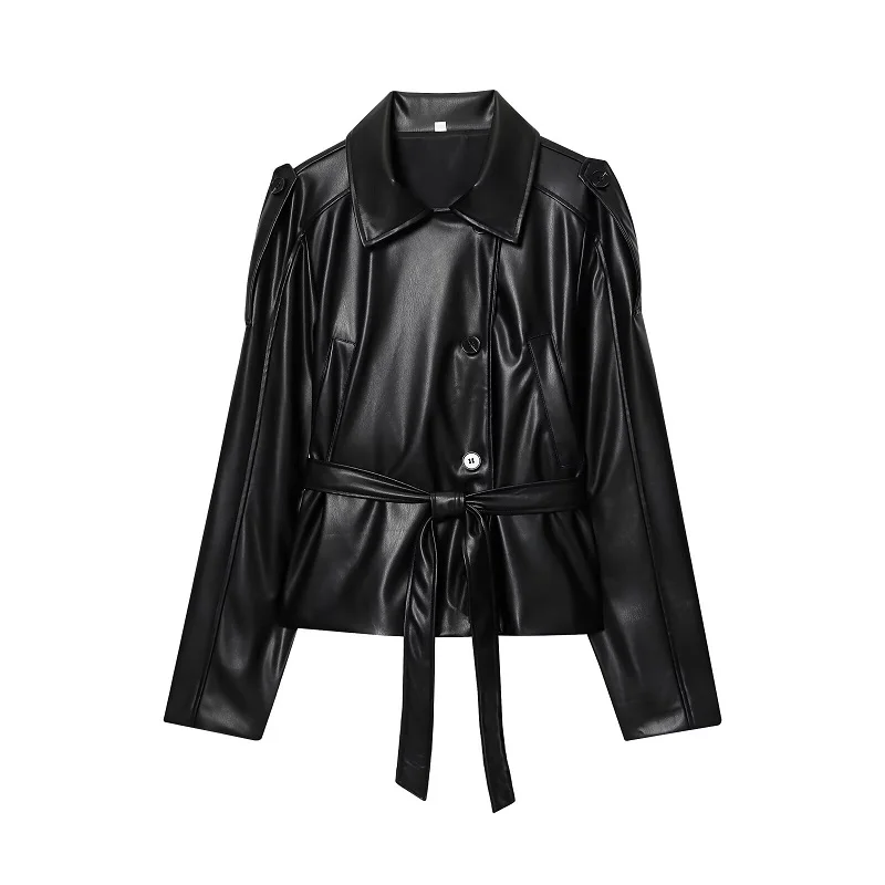 MUJER Black Women's Trench Coat Faux Leather Cropped Jacket Woman New in Outdoor Coats Women's Windbreaker Fashion Outerwears