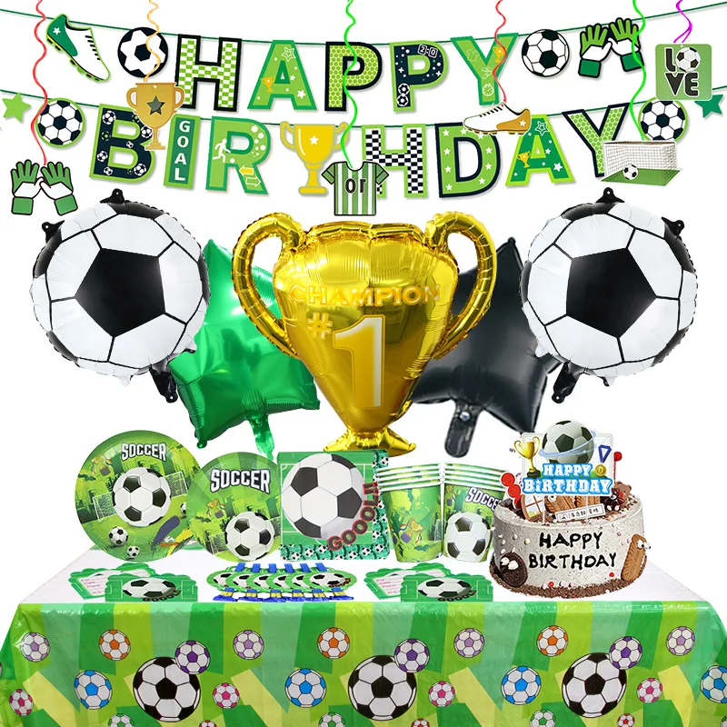 Fußball-Geburtstagsparty-Dekoration Aluminiumfolienballons Latexballons Einweggeschirr Hintergrund Einwegtischware