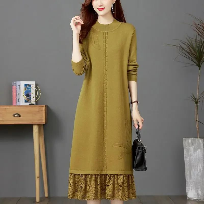 Women Autumn Winter Lace Patchwork Knit Dress Fashion Half High Collar Solid Slim Female Long Bottom Sweater Dresses CY18