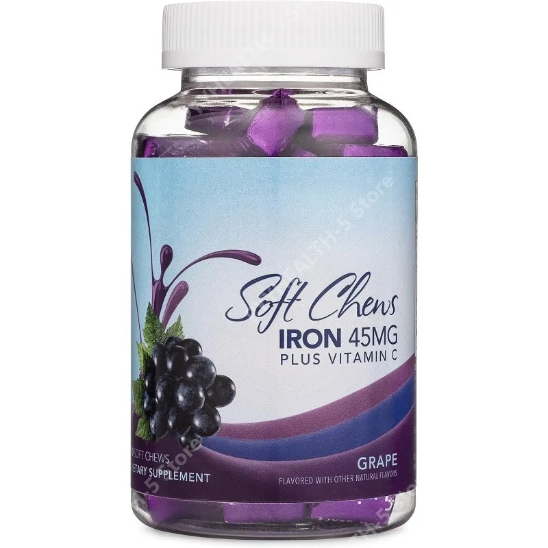 

Chewable Iron Supplement for Women and Men, Grape Flavor with Vitamin C, Ferrous Fumarate, 2 Month Supply Daily Formula Pack