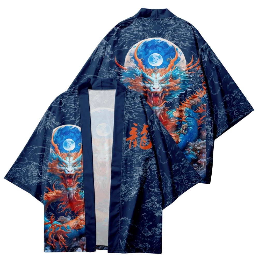 Plus rozmiar 6XL 5XL 4XL japońska moda uliczna sweter damski męski Harajuku smok Anime nadruk Haori Cosplay koszule Kimono niebieska Yukata