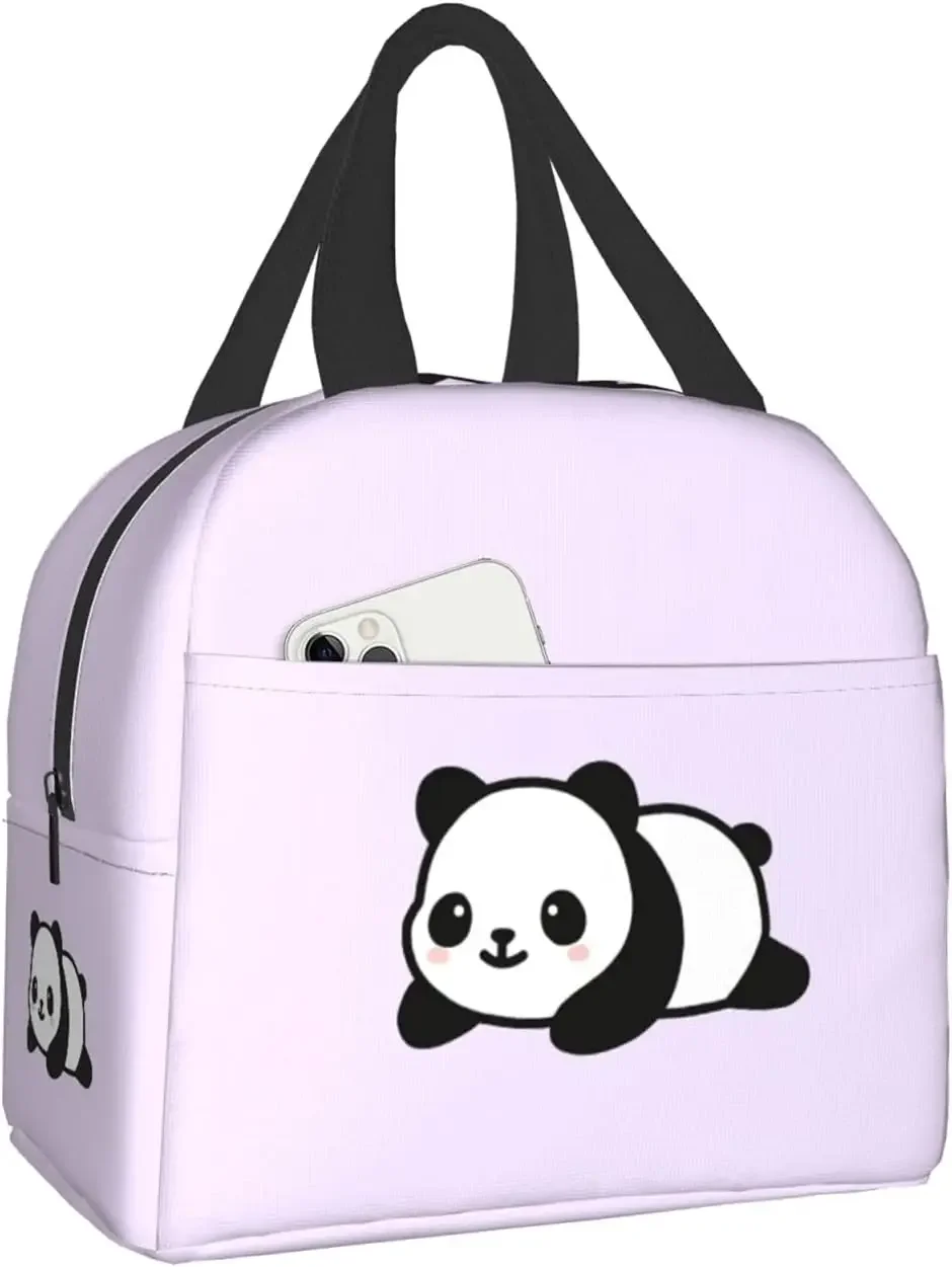 Cute Panda Purple Lunch Bags Insulated Lunch Box for Women Reusable Tote Cooler Bag for Shopping Picnic Travel