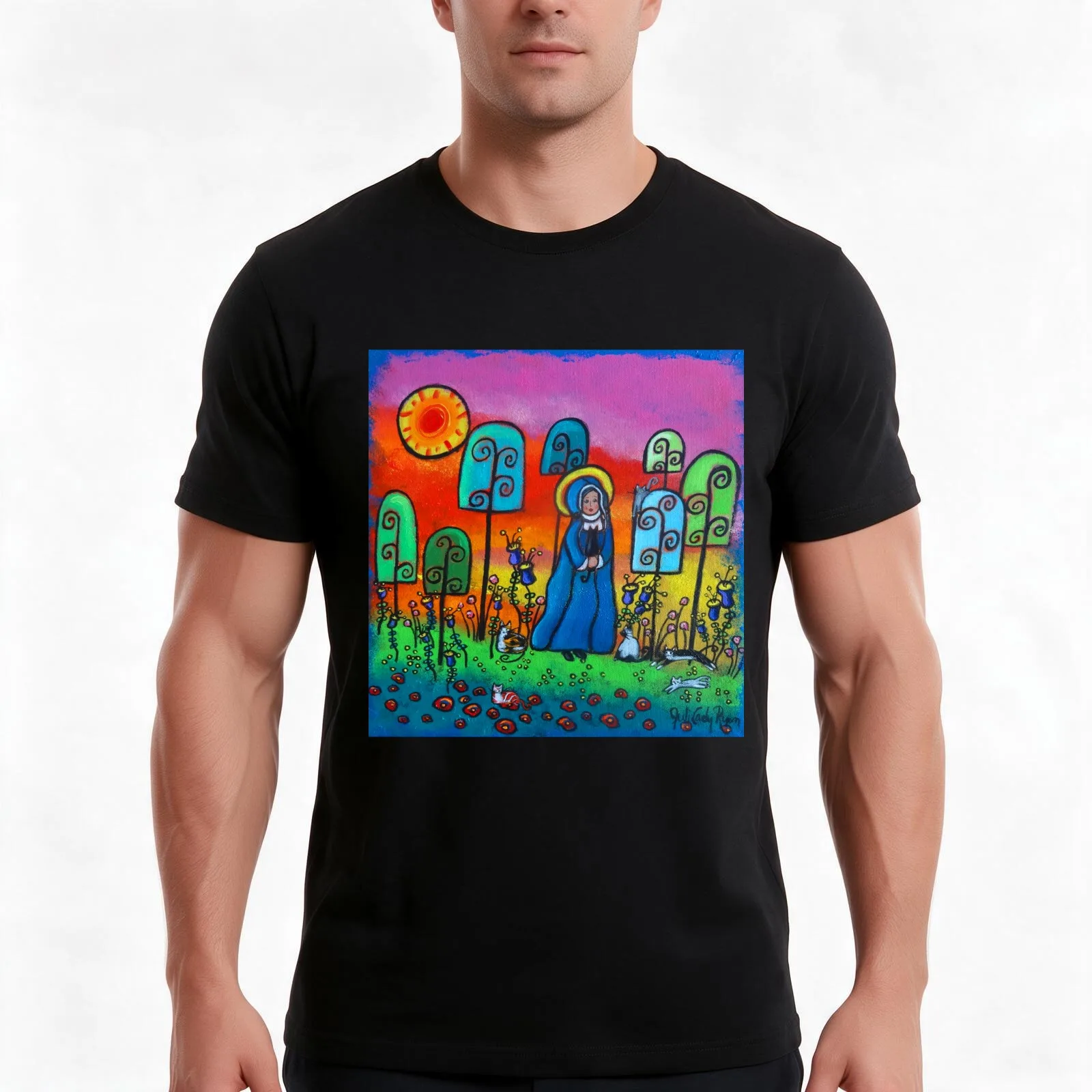 Keeper Of the Cats: Gertrude of Nivelles T-Shirt, Summer Casual Cotton Tee, Oversized Streetwear Tops, Vintage Graphic Print
