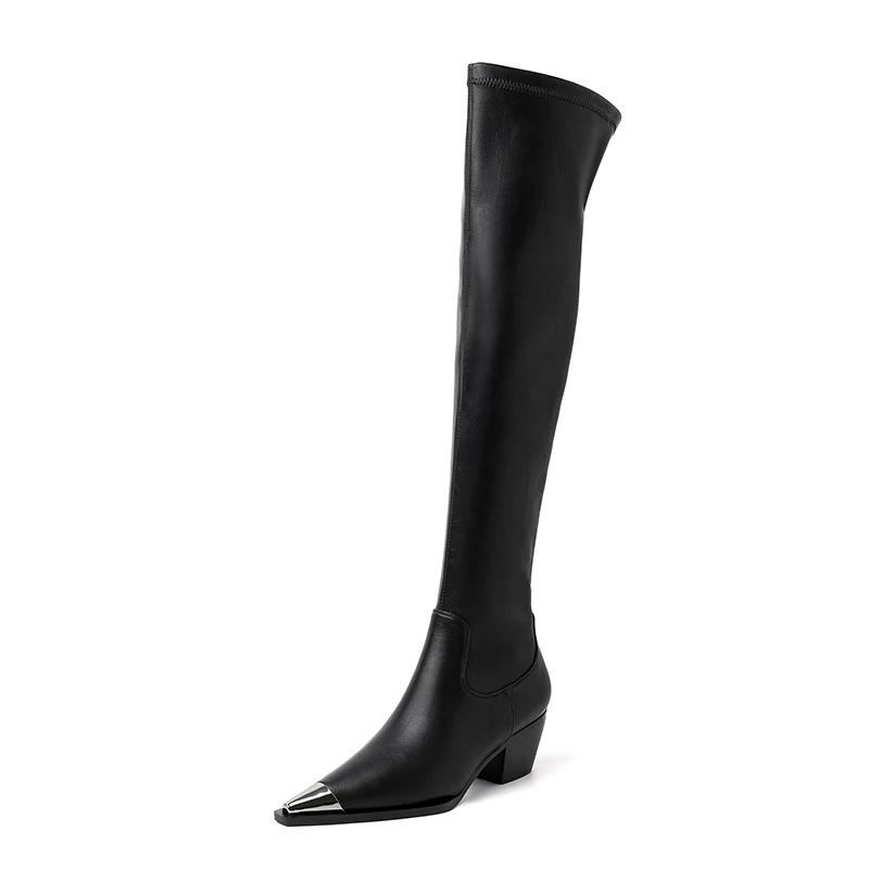 

British Leather Custom Metal Pointed Over The Knee Chelsea Women's Boots Square Heel Zipper Heightened and Thin Knight Boots