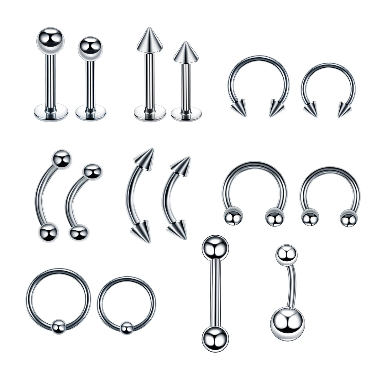 5/16pcs/lot Body Piercing Jewelry Curved Nose Ear Belly Lip Tongue Ring Set Stainless Steel Belly Eyebrow Bar Piercings Oreja