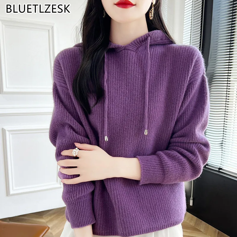 

100% Merino Wool Sweater 2024 Autumn Winter New Pullover Women Hooded Collar Top Large Size Cashmere Knit Jacke Female Clothing