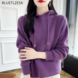 100% Wełna Merino Sweter 2024 Jesień Zima Nowy Pullover Damski Kołnierz z kapturem Top Duży Rozmiar Kaszmir Dzianina Kurtka Odzież Damska