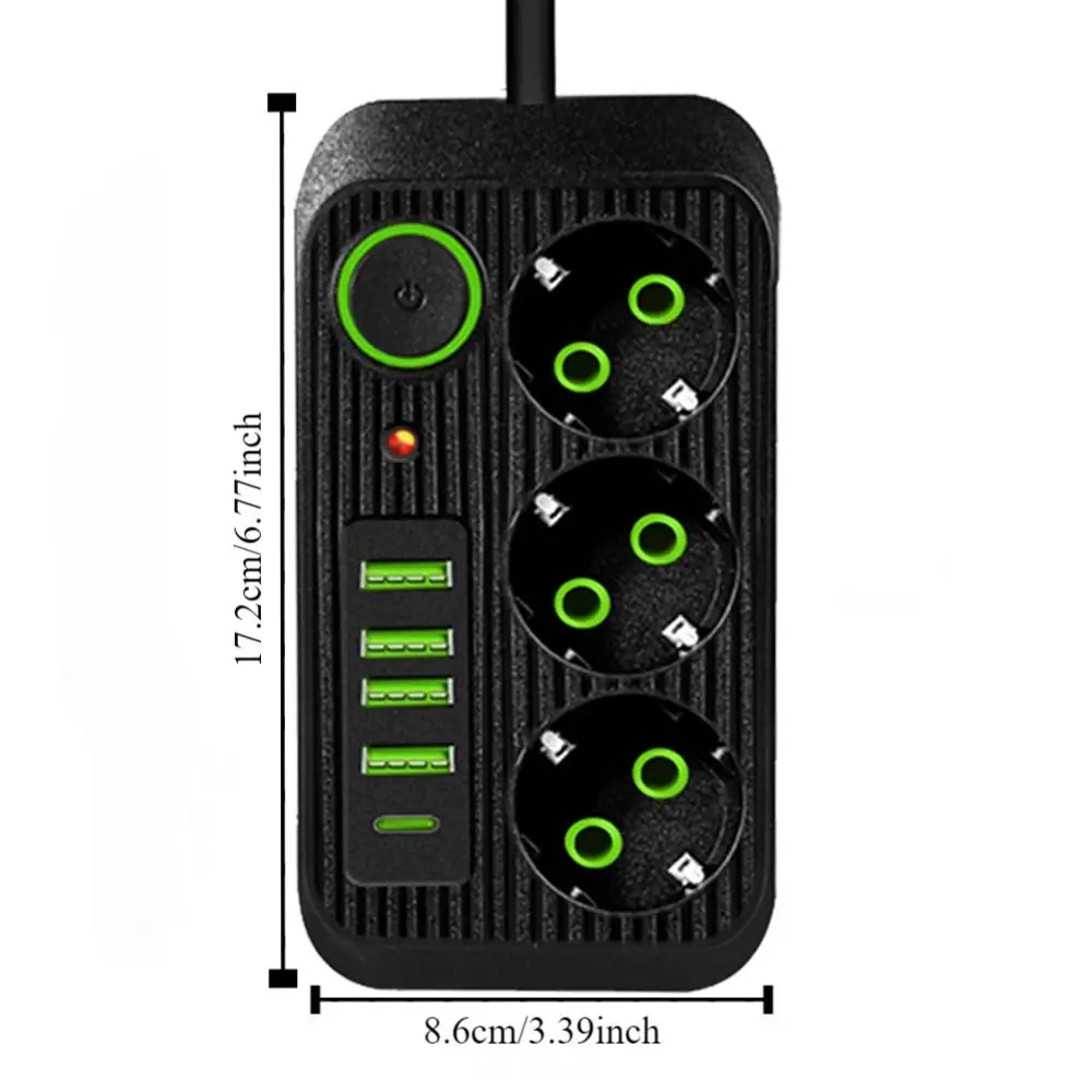 2m Extension Cord EU Outlet Power Strip 4 USB Ports Independent Switch Surge-Protected Power Strip 3-Outlets Power Button Safe