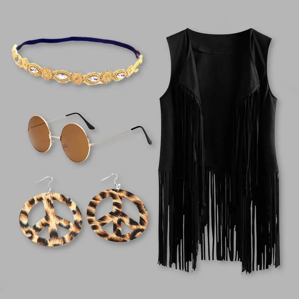 5 Pcs Women Vest with Headband Sunglasses Necklace And Earrings Tassel Waistcoat Retro 60s 70s Dance Party Disco Clothes