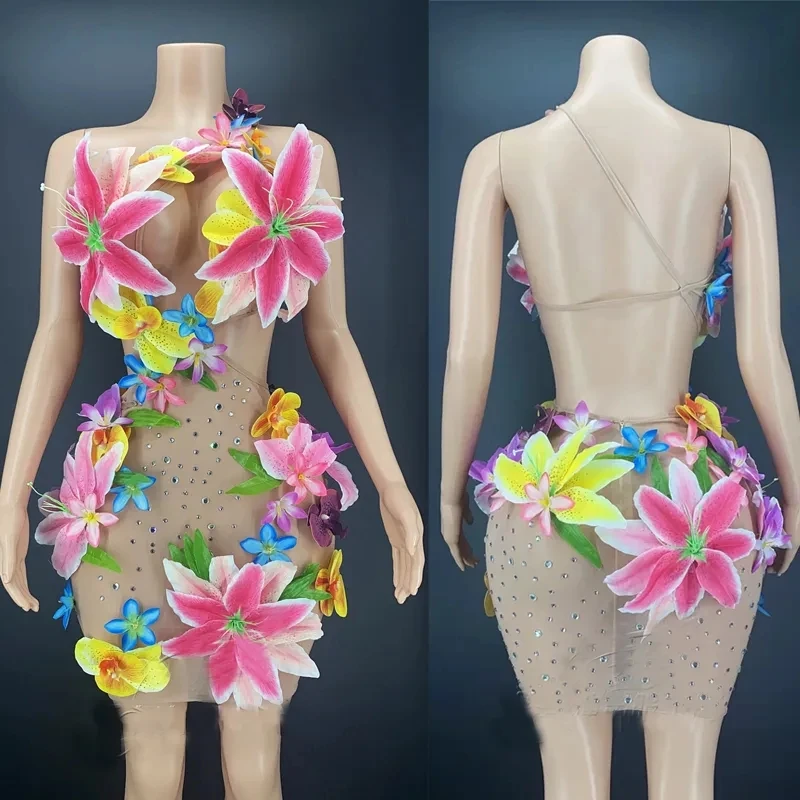 Vestido de flores Sexy con diamantes de imitación, vestido de noche con cintura hueca, actuación, espectáculo de danza, traje de celebración de cumpleaños