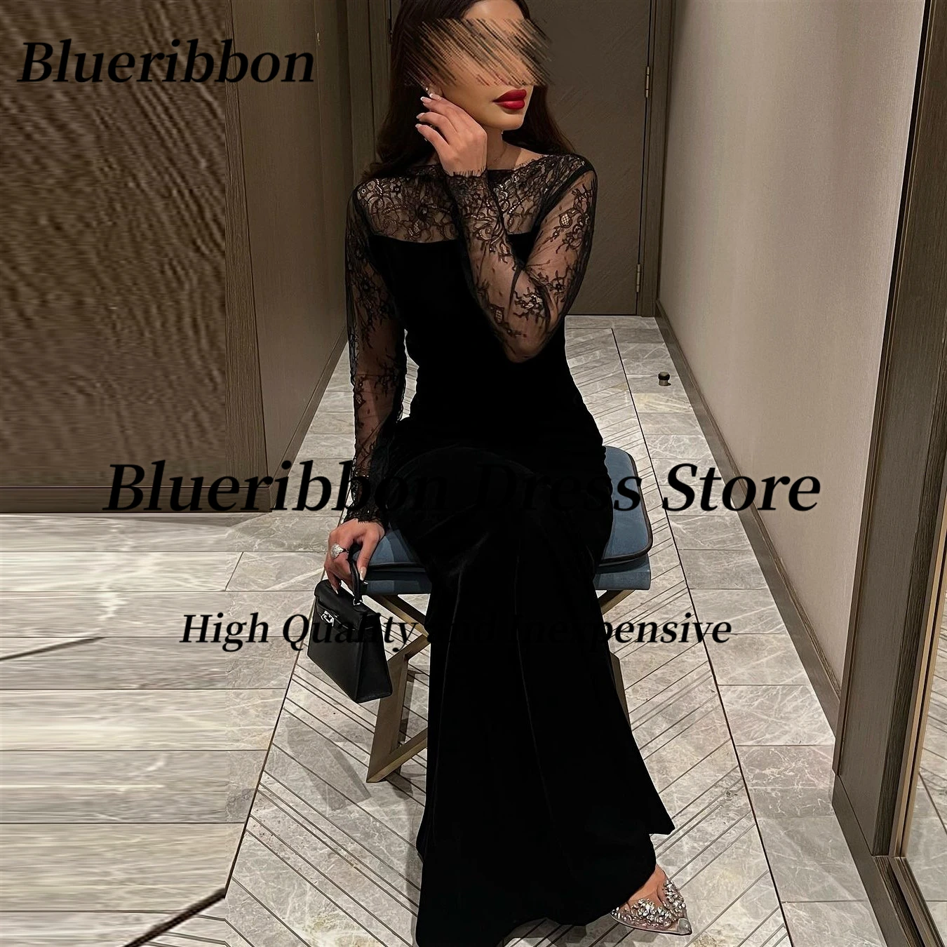 Blueribbon-فساتين حورية البحر من الدانتيل للنساء ، أكمام طويلة ، ظهر مثير ، أنيق ، أسود ، حفلة موسيقية ، حفلة ، مساء