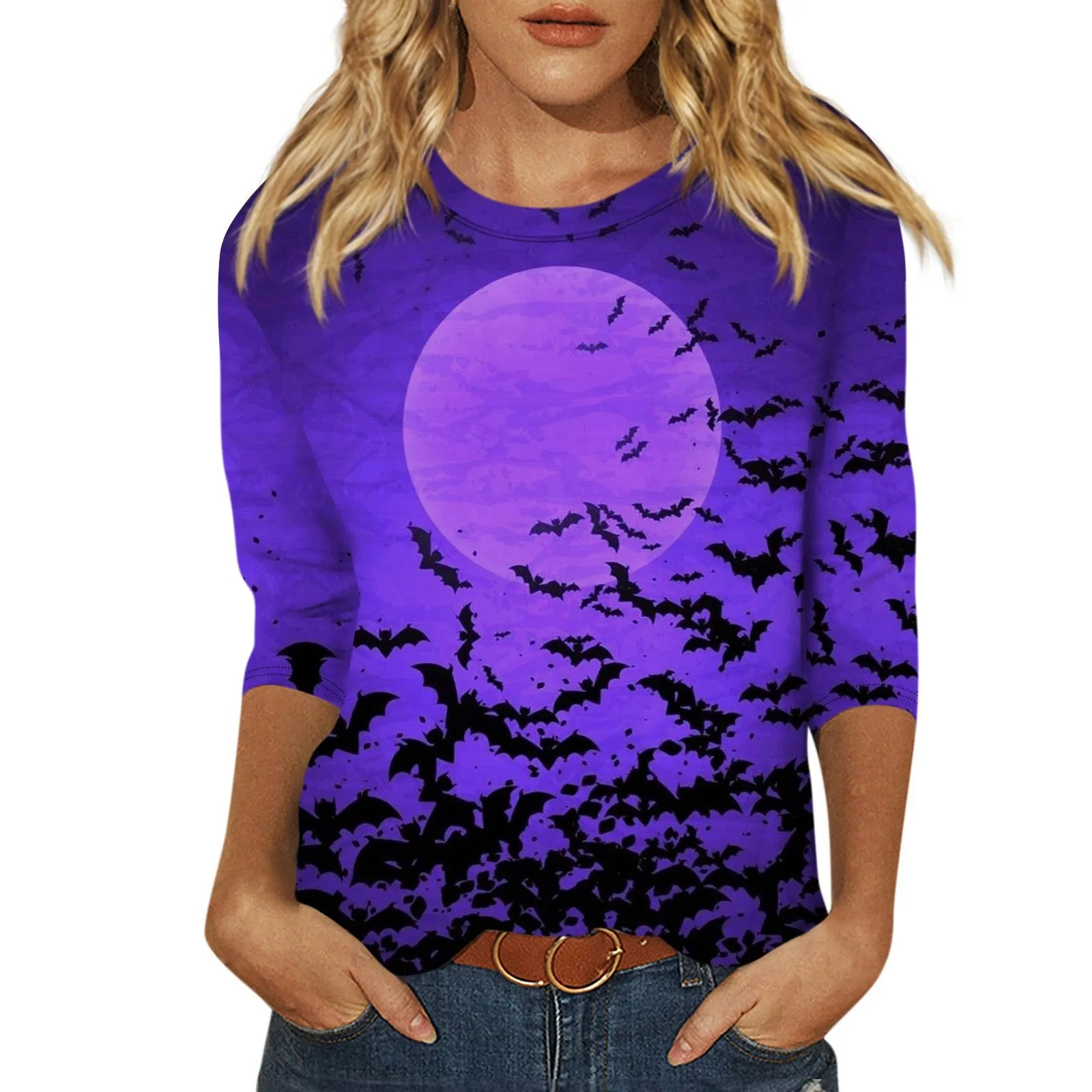 Women\'s Fashion Casual Round Neck 3/4 Sleeve Loose Halloween Printed T-Shirt Ladies Top Tops for Women Womens Tops and Blouses