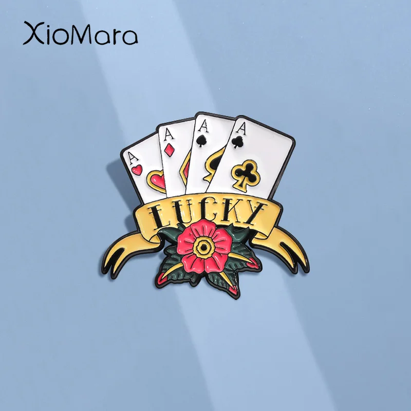 

Lucky Poker Enamel Pins Custom 4A Letter Cards Playing Brooches Lapel Badges Funny Jewelry Gift for Friends