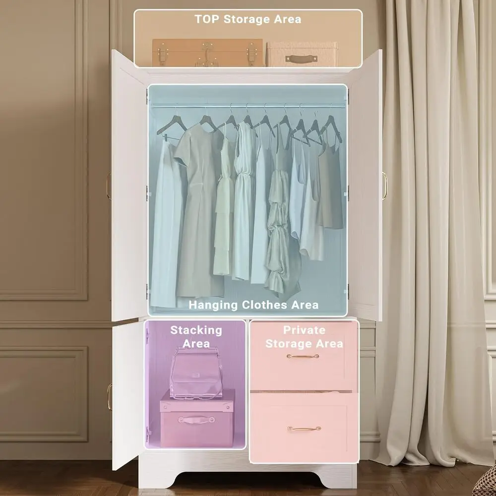 LIKIMIO Wardrobe Closet with Mirror and Doors & Drawers and Shelves, Wooden Armoire Storage Cabinet with Hanging Rod for Bedroom