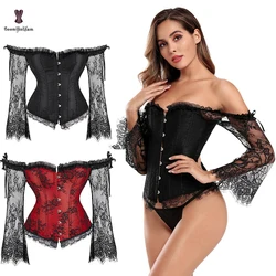 Black Red Women's Sexy Gothic Victorian Corset Vintage Lace Up Bustier With Long Floral Off Sleeves