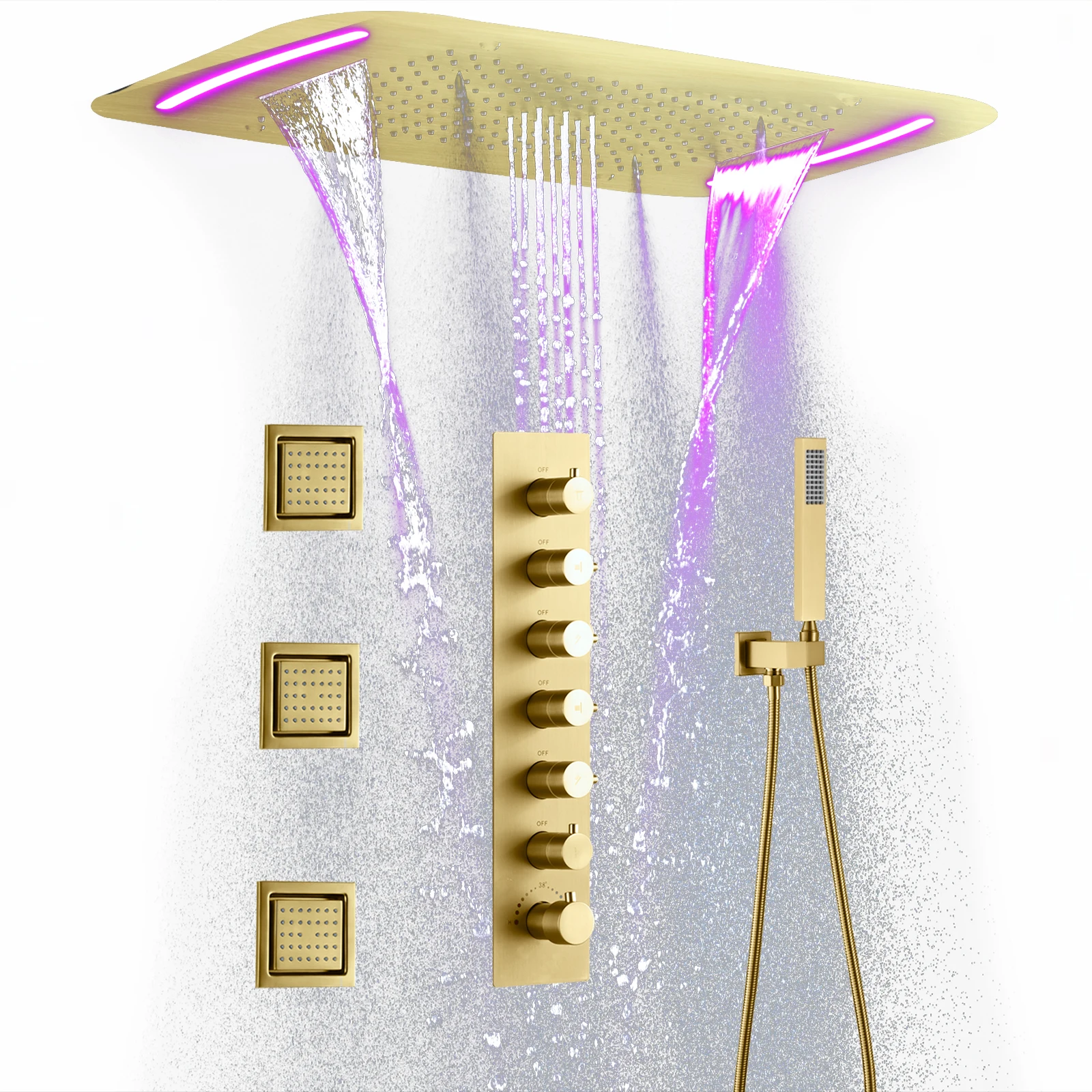 71*43cm Bathroom Luxury Rainfall Waterfall LED Shower System Brushed Gold Ceiling Concealed Mounted Thermostatic Shower Set