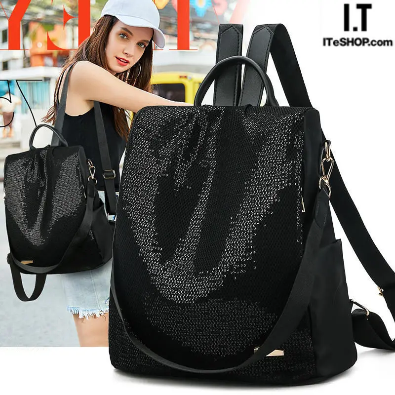 Mochila feminina com lantejoulas de grande capacidade Oxford, mochila de viagem feminina, mochila escolar, meninas, monocromática, alta qualidade, moda, 2023