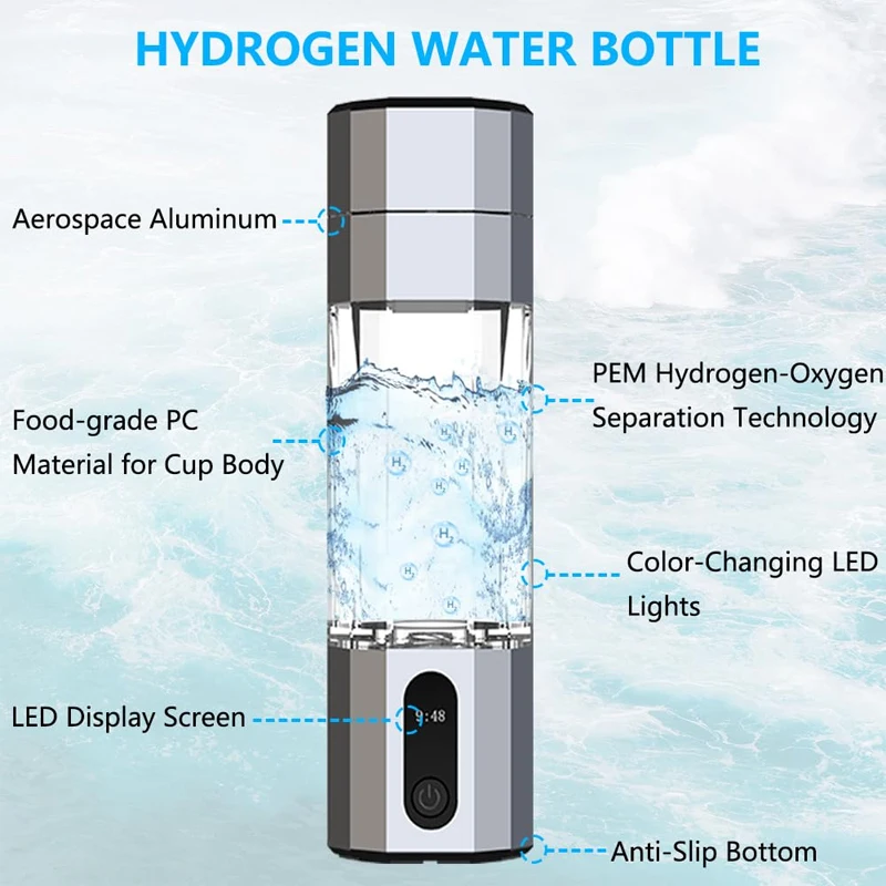 Hydrogen Water Bottle BPA Free Portable Intelligent 8000PPB  Proton Membrane USB and Battery Support for Households Outdoors