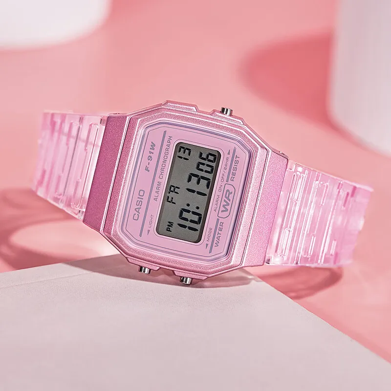 ساعة كاسيو للرجال ريترو مربعة عصرية ساعات كوارتز شفافة بحزام راتينج طالب رياضية بسيطة مقاومة للماء F-91WS-2