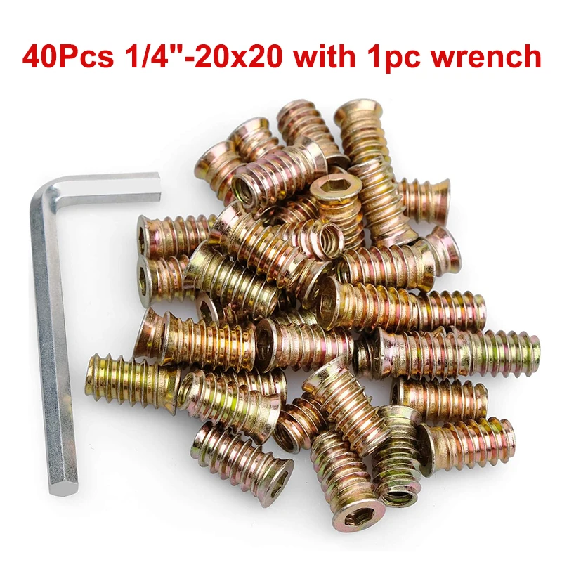 

40Pcs 1/4-20x20mm Hex Drive Threaded Inserts for Wood Zinc Plated Carbon Steel Furniture Screw SAE Nut Inserts with Wrench