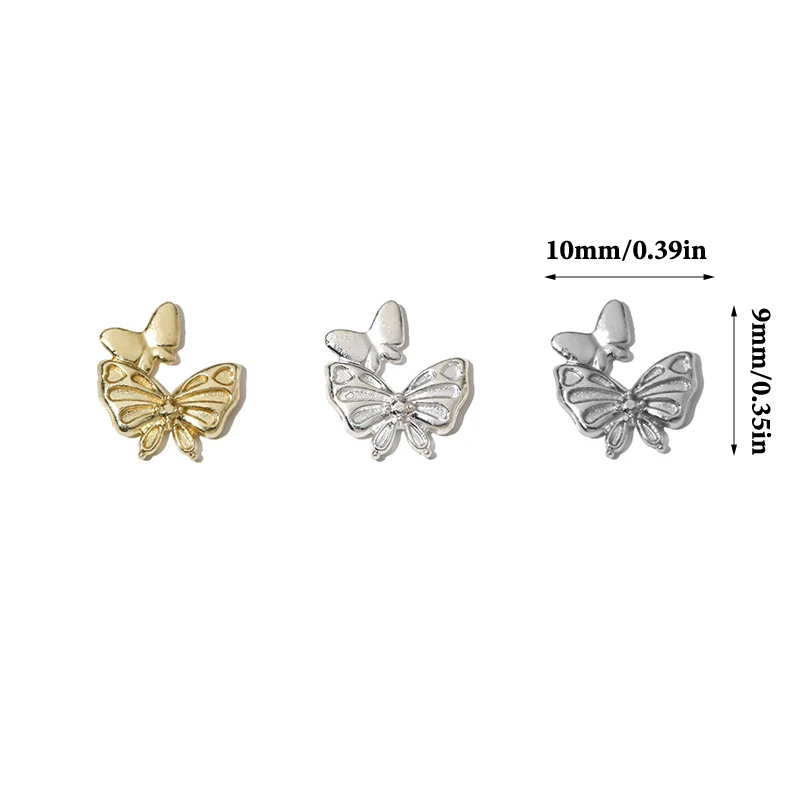 10 قطعة فراشة مزدوجة سبيكة مسمار الفن سحر الذهب/الفضة/الأبيض الأظافر زينة مجوهرات فاخرة ثلاثية الأبعاد مسمار الملحقات شقة الظهر #6