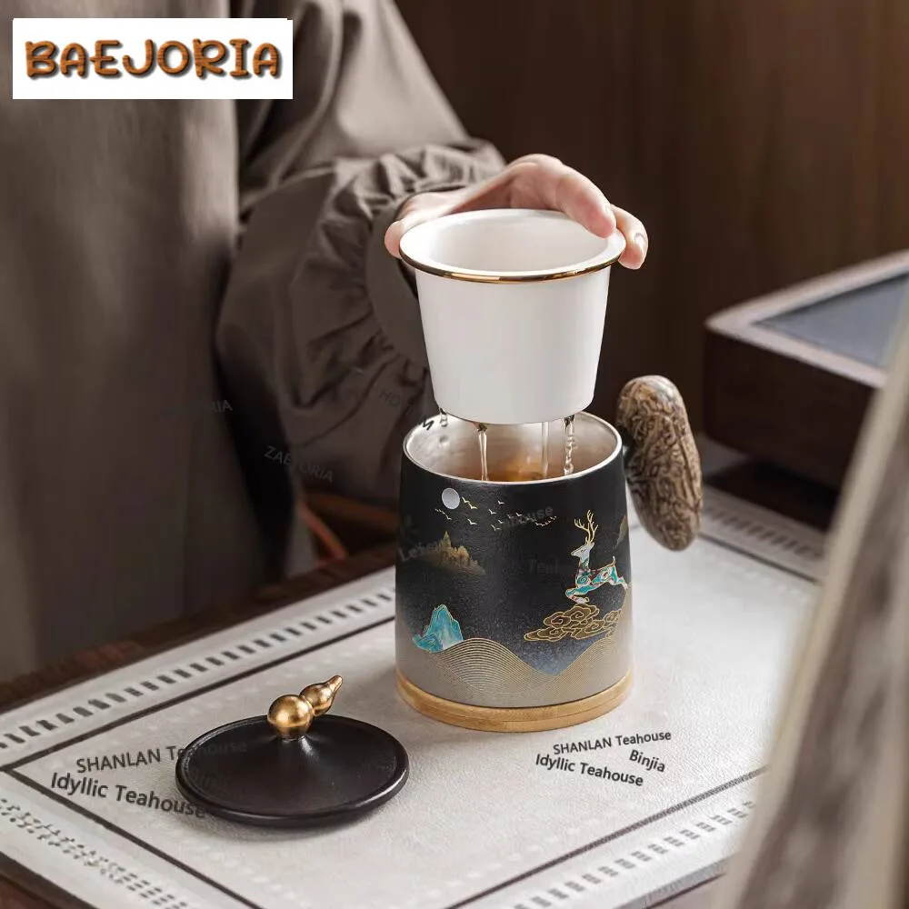 419ml Gilt Silver Frosted Deer Bodhi Wood Handle Filter Tea Separator Cup Zen Tea Mug With Infuser Tea Making Office Water Cup