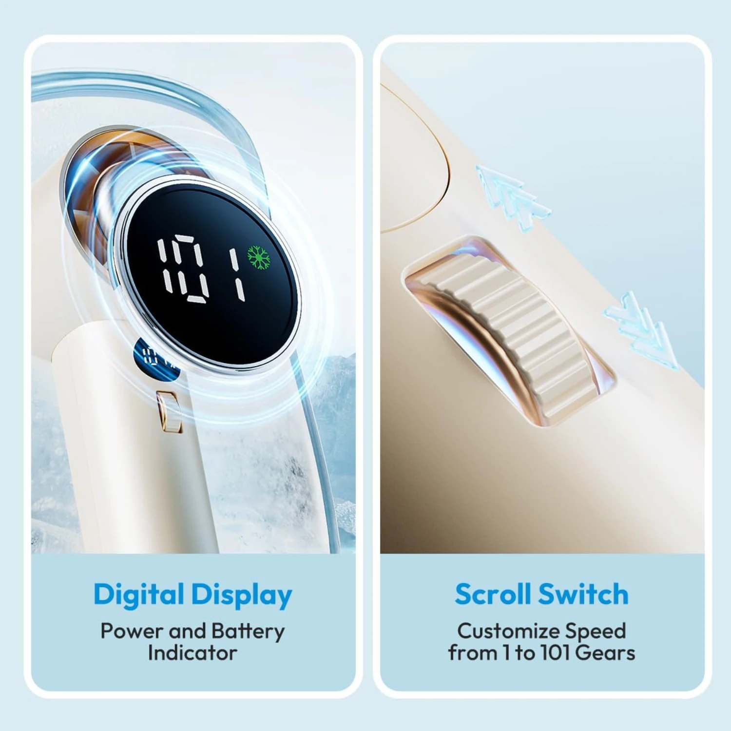 พัดลมมือถือแบบพกพาแบบชาร์จไฟได้พร้อมดีไซน์เทอร์โบ - เหมาะสําหรับผู้ชายและผู้หญิงขณะเดินทาง - เหมาะสําหรับการตั้งแคมป์และการใช้งานกลางแจ้ง