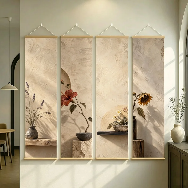 Wall Art Lavender Hibiscus Sunflower and Primrose, Wabi Sabi Floral Pearlescent Canvas Hanging Scroll for Boutique Guesthouse