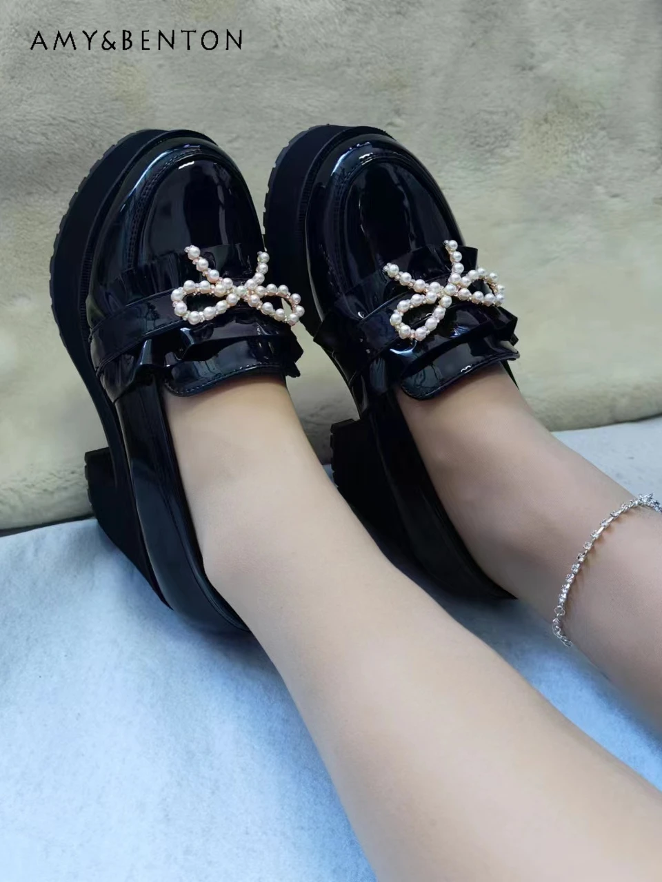 

Japanese Mine Mass-Produced Sweet Bow Pearl Buckle Y2K High Heels Lolita Platform Heels Women Kawaii Black Leather Shoes Student