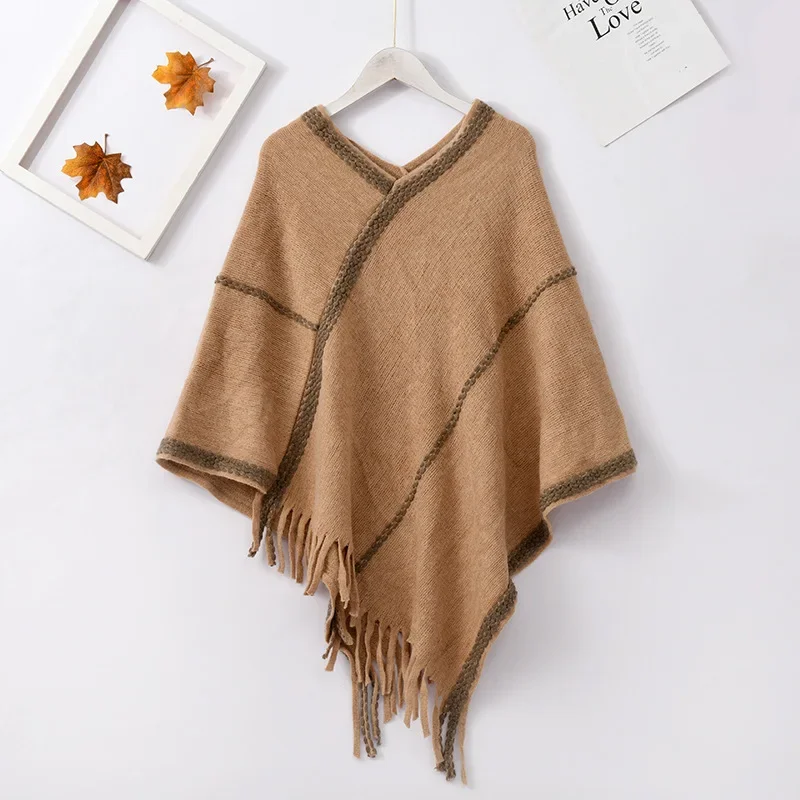 Spring Autumn Knitted Imitation Rabbit Hair Scarf Women Pullover Tourism Tassel Woman Poncho Cape Pullover Sweater Khaki Cloaks