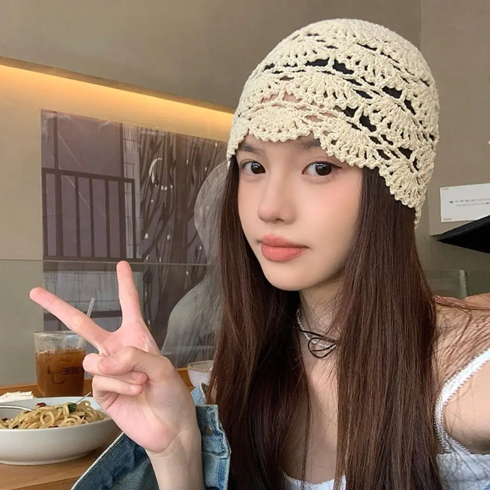 Fashion Bohemian Hollow Knitted Beanies Hat Sweet Weave Casual Turban Hat Handmade Elegant Korean Crochet Cap Autumn