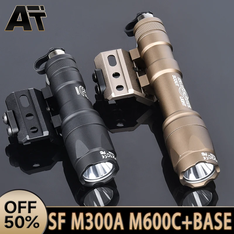 Tactical Surefir SF M300 M600 M300A M600C Flashlight With Metal Offset Mount Base White LED Spotlight Hunting Airsoft Scout Lamp