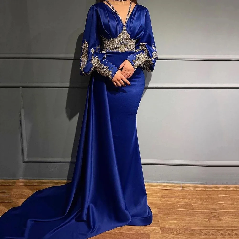 

Romantic Navy Blue Satin Mermaid Appliqued Evening Dresses Arabic Long Sleeves Prom Gowns For Party Dubai Celebrity Dresses