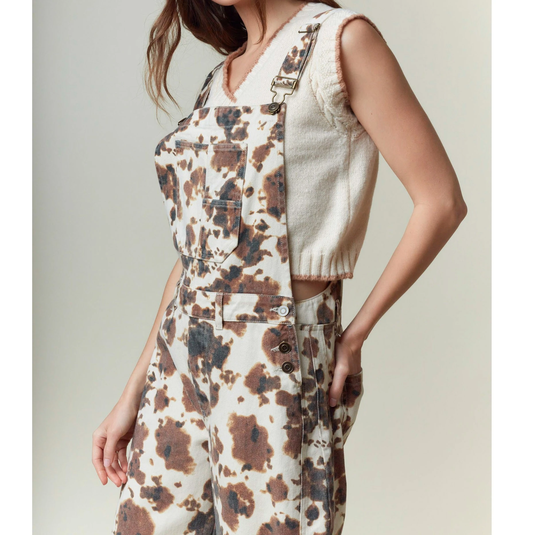 Mulheres qualidade retalhos macacões casual toda a temporada vaca impressão streetwear calças pokets