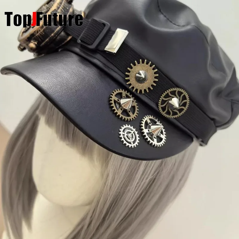 Steampunk Lolita Handmade Gear Monocular Protective Mirror Newspaper Hat Dark Gothic Rivet Duckbill Cap Women Men Leather Cap