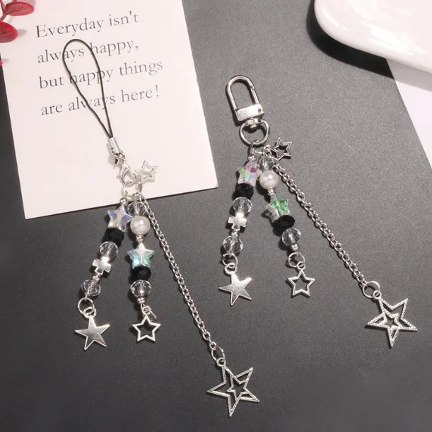 Y2K Phone Charm Star Pearl Keychain Pendant Kawaii Key Chain Bag Beaded Phone Chain Cute Accessory for Girls Women Jewelry