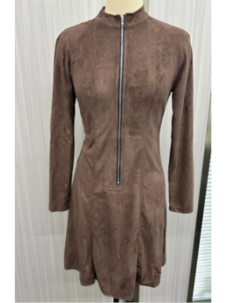 

New Autumn Winter Women Long Sleeve Casual Dresses Holiday Stand Collar Simple Party Dress Zipper Patchwork Elegant Ladies Dress
