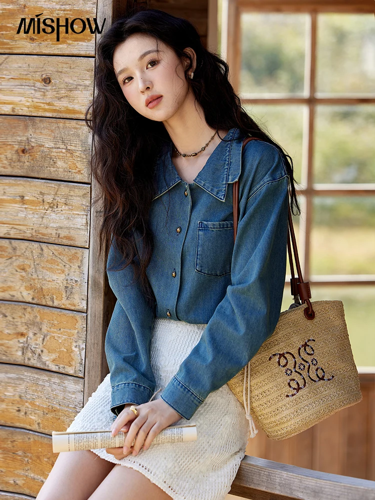 

MISHOW Retro Washed Denim Shirt Spring 2025 Double Layered Patchwork Collar Shirt Metal Buckle Single Breasted Tops MXE12C0751