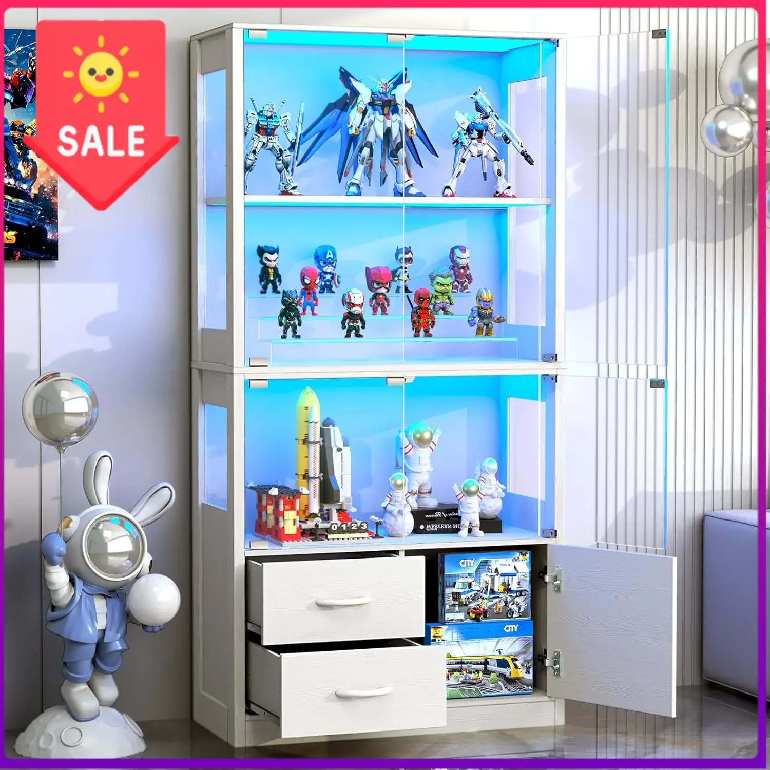 Display Cabinet with Glass Doors and 2 Drawers, 3-Color Lights, White | 63