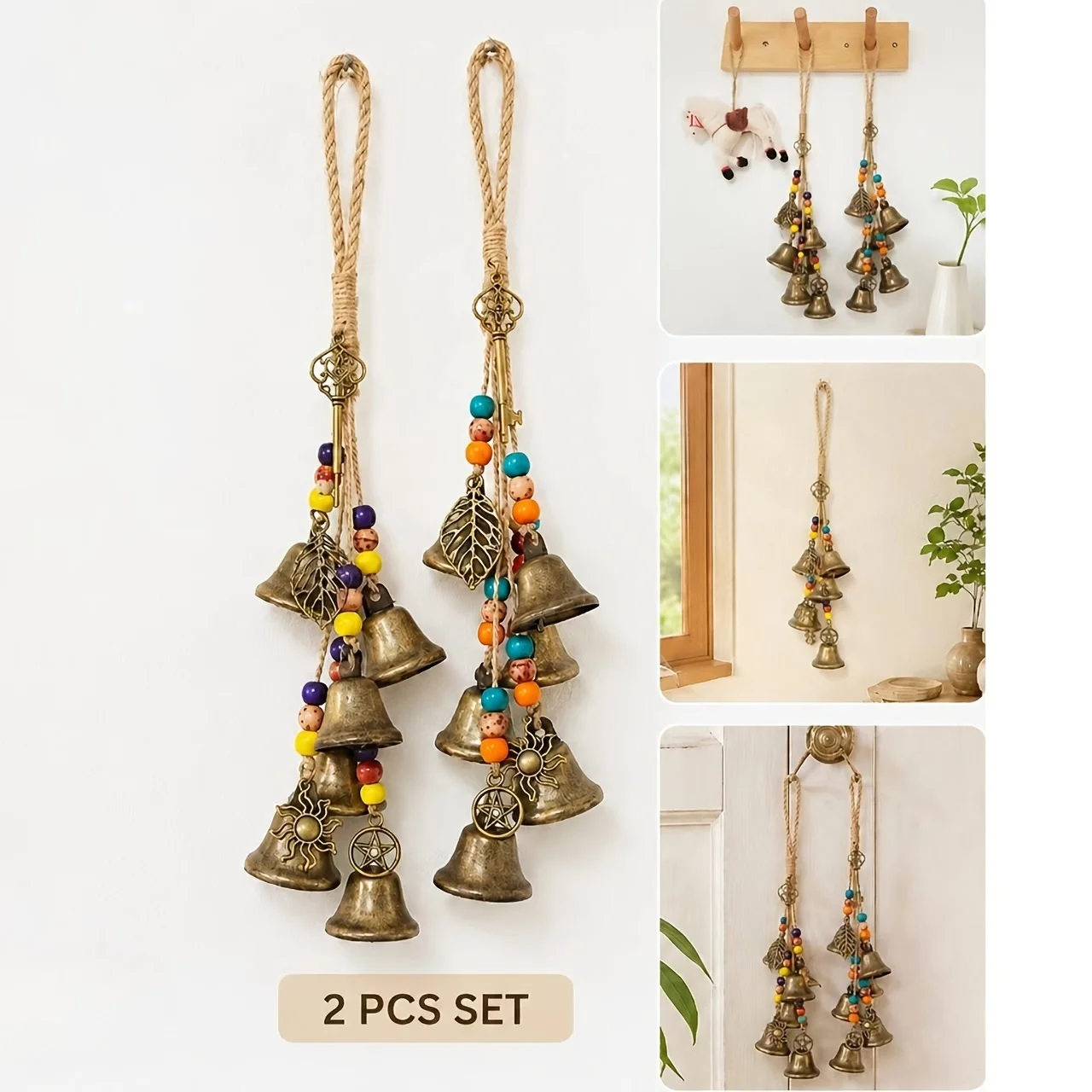 Retro Bohemian Metal Bell Wind Chime Pendant Vintage Rope Woven Door Handle Hanging Bells Ornament Indoor Front Door Home Wall
