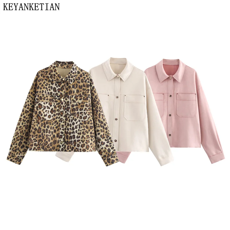 

KEYANKETIAN 2024 New Women's Suede Leopard Print Jacket Autumn/Winter Retro style POLO collar Single Breasted Loose Blazer Top