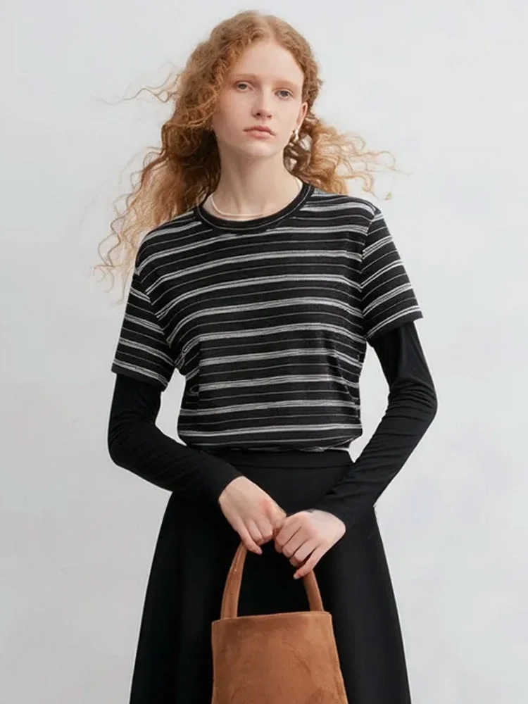 

Повседневный комфортный комплект из двух предметов: топ и брюки в полоску, новый весенний французский стиль, длинный рукав, женский топ