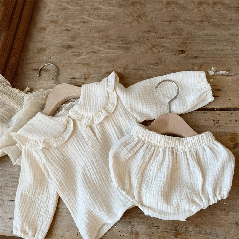 Spring Summer Romper Baby Boy Girl Clothes Set 0-24M Baby Cotton Linen Lapel Navy Style Long Sleeve Shorts Children Sets