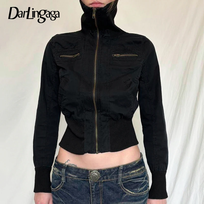 Darlingaga Streetwear Cargo Jacket For Women Black Zipper High Waist Autumn Winter Coat Outwear Turn-Down Collar Outwear Gothic