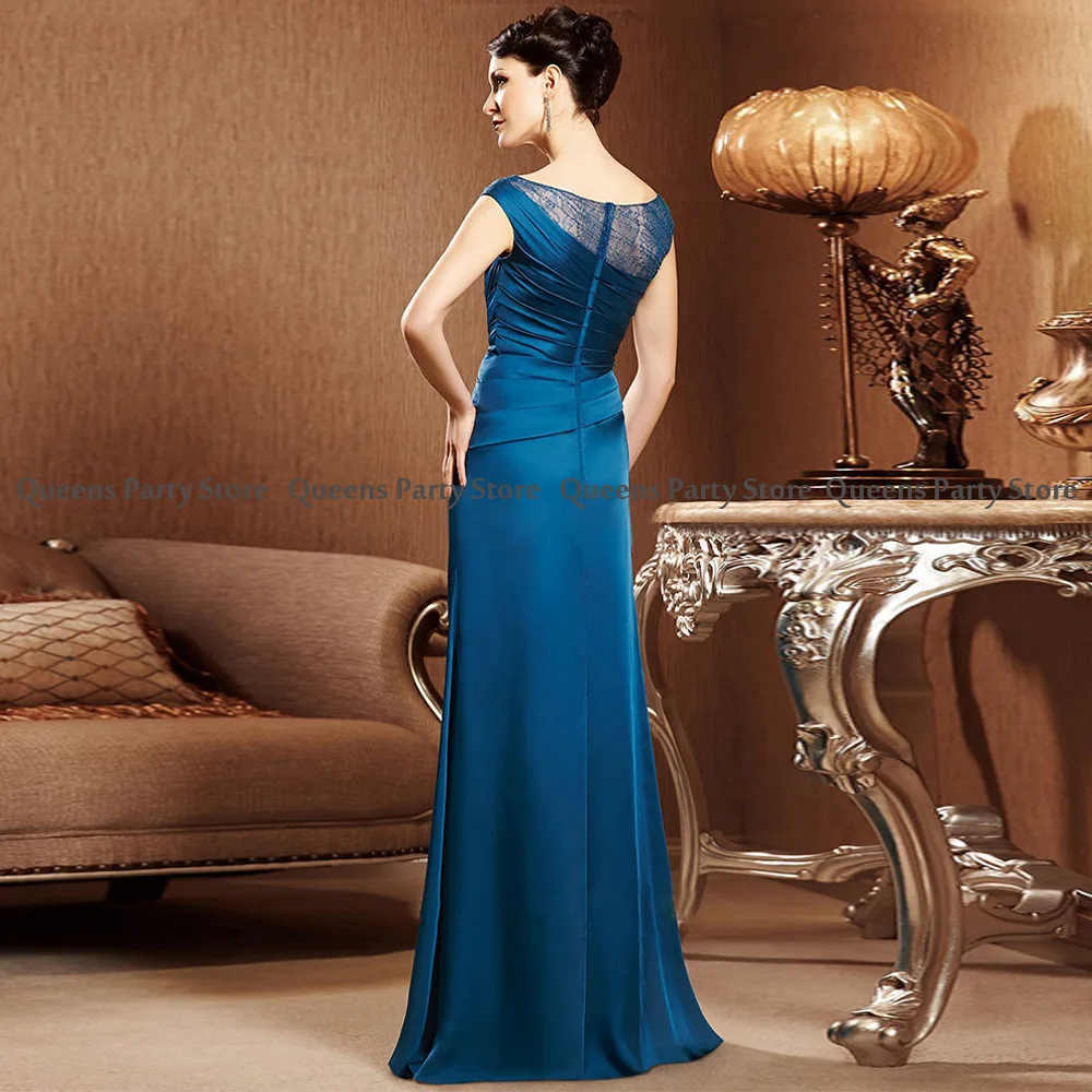 Vestido azul turquesa para madre de la novia, vestidos de invitados de boda, cuello redondo, manga casquillo, cuentas, plisado, vestido de fiesta de noche de sirena