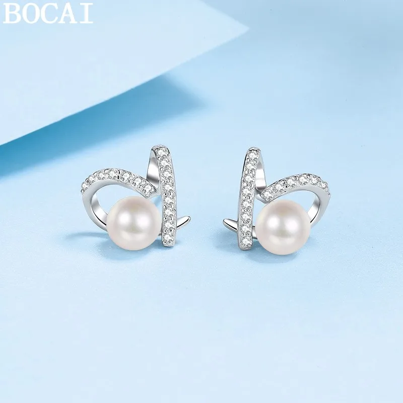 

Серьги BOCAI S925 из чистого серебра, модные и простые, с инкрустацией из муассанита, пресноводного жемчуга и в форме сердца.