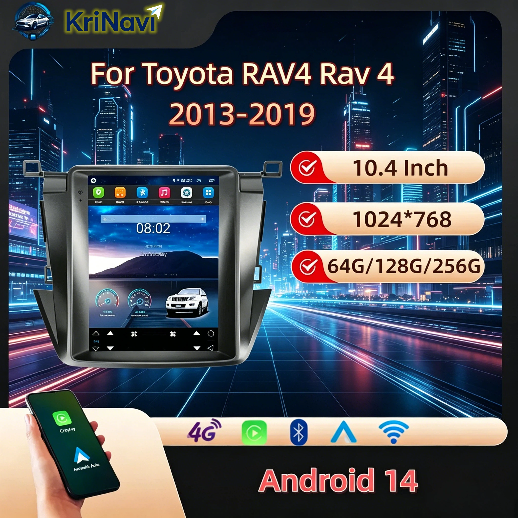 Android 14 Car Radio 4G WiFi CarPlay Android Auto GPS Navigation Stereo Multimedia Player Head Unit For Toyota RAV4 2013-2019Car